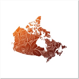 Colorful mandala art map of Canada with text in brown and orange Posters and Art